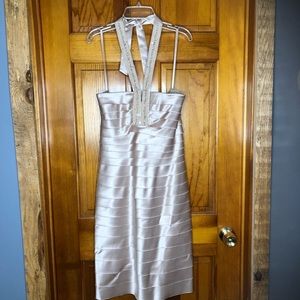 Champagne cocktail dress layered beaded tie around neck boning bust size 6